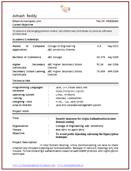 Download sample resume for engineering freshers